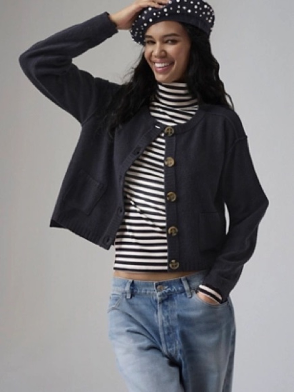 Free People Black Cropped wooden Button Cardigan - L